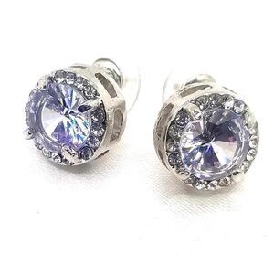 Stainless steel silver toned round sparkling Ryhnstone stud back earrings.